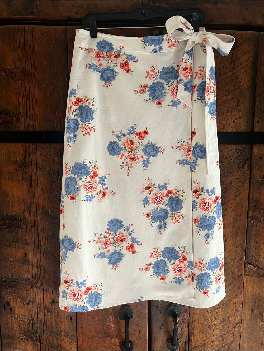 LOFT White Wrap Skirt with Blue and Coral Floral Print